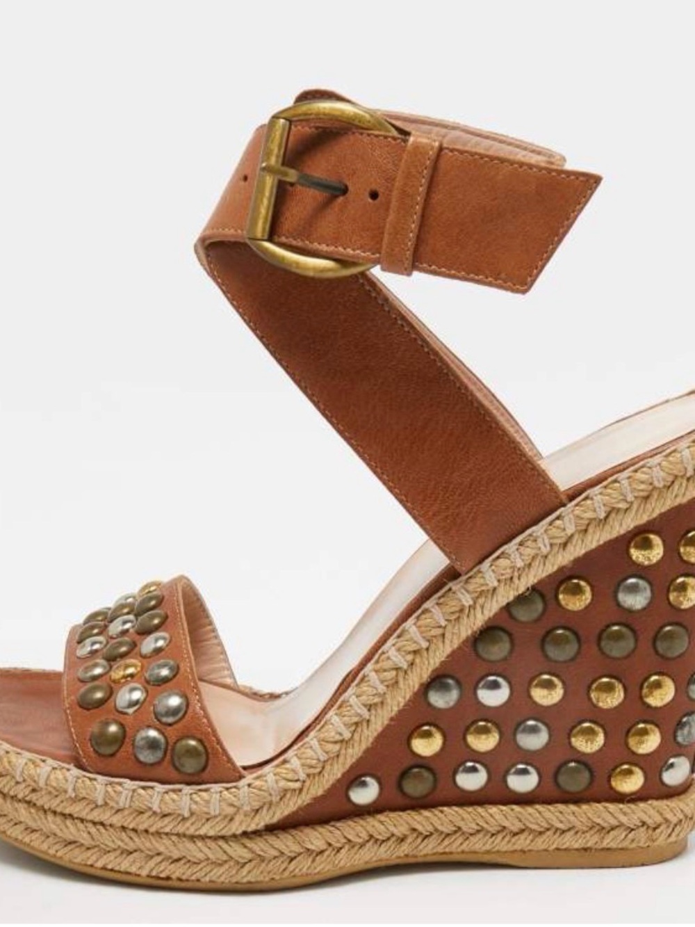 Stuart Weitzman Cognac Suede Studded Espadrille Wedges